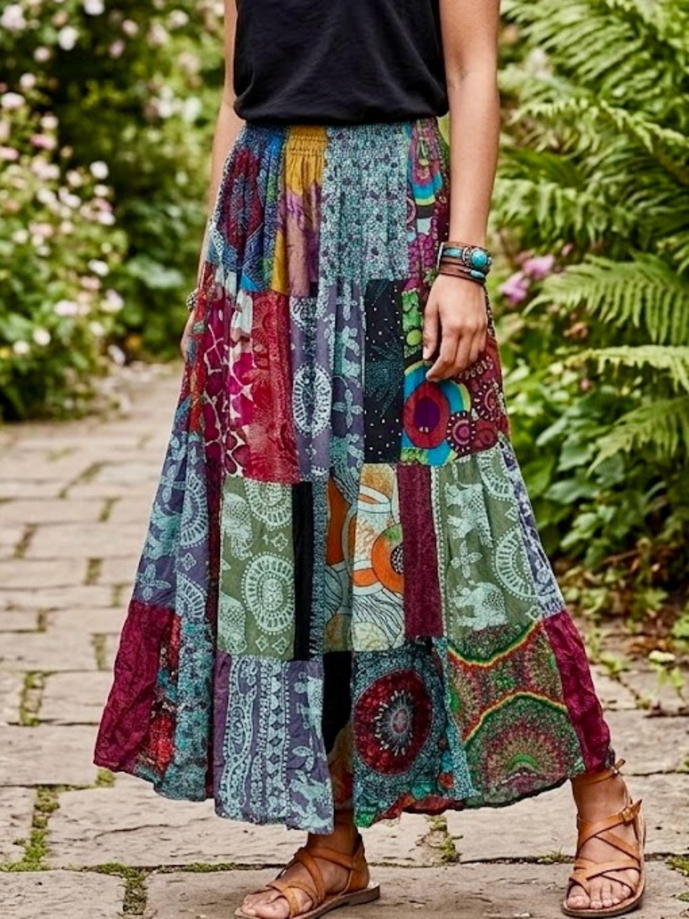 Vintage Patchwork Tiered Maxi Skirt Imported Nepal Boho Festival 90s/Y2K OS EUC